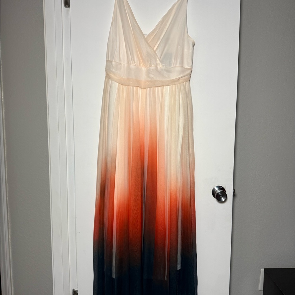 V-Neck Ombre Maxi Dress in Cream, Orange & Navy